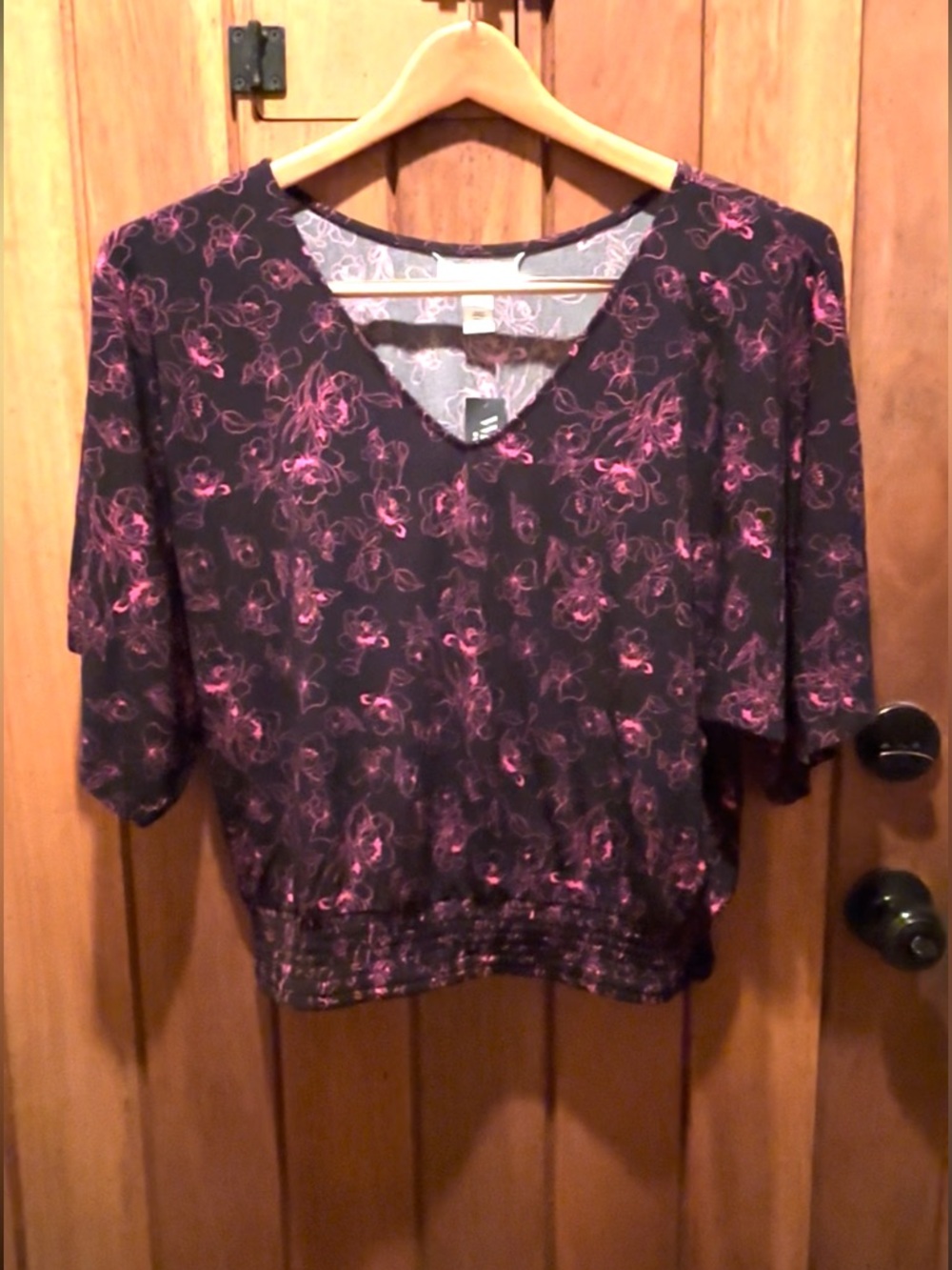 White House Black Market Women’s V-Neck Floral Blouse - Black with Pink Print